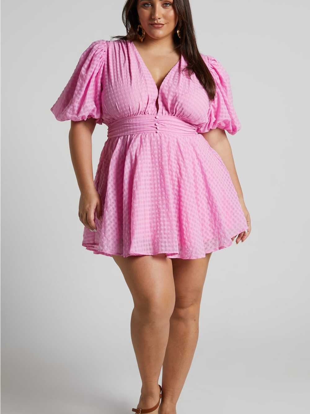 Showpo Pink Puff Sleeve V-Neck Mini Dress